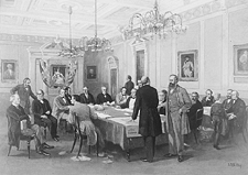 Photo of historical painting by J. D. Kelly showing the Fathers of Confederation in London, England, 1866
