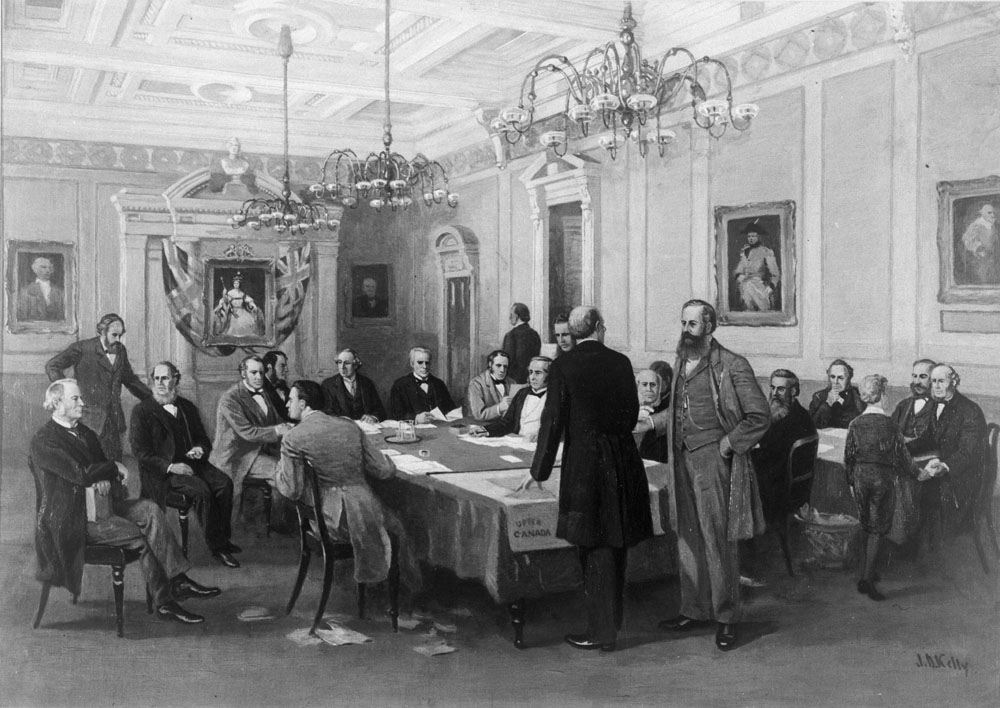 Photo of historical painting by J. D. Kelly showing the Fathers of Confederation in London, England, 1866