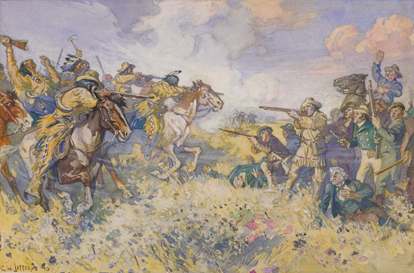 Watercolour over pencil of a group of First Nations men on horseback on the left side of the composition and a group of settlers on foot on the right. Members on both sides are aiming rifles the horses appear to be rearing back, and two settler figures lie on the ground in the grassy landscape.
