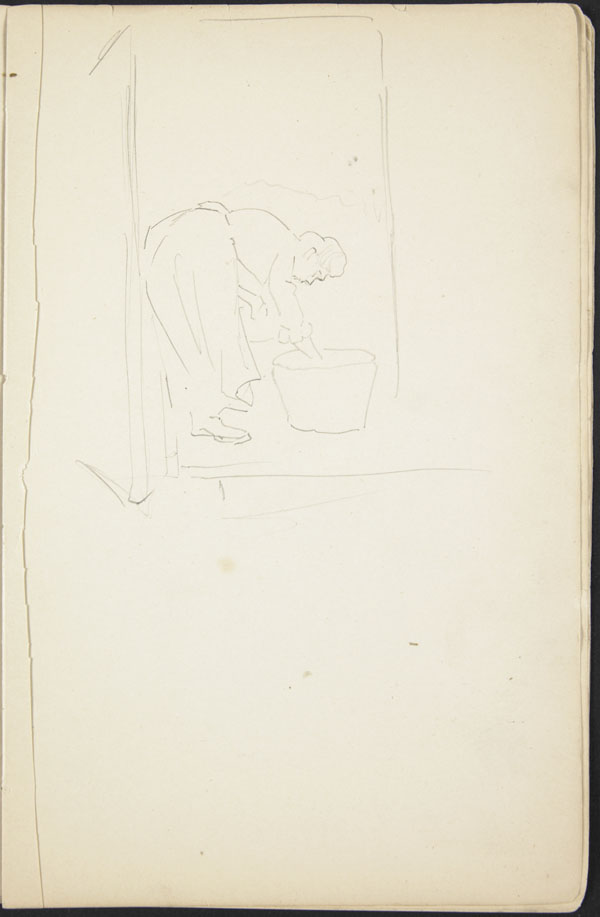 Outline sketch of a woman with a large basket, Candas