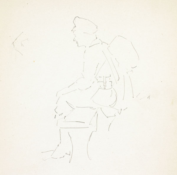 Outline sketch of a soldier, seated with his infantry pack on his back, Somme