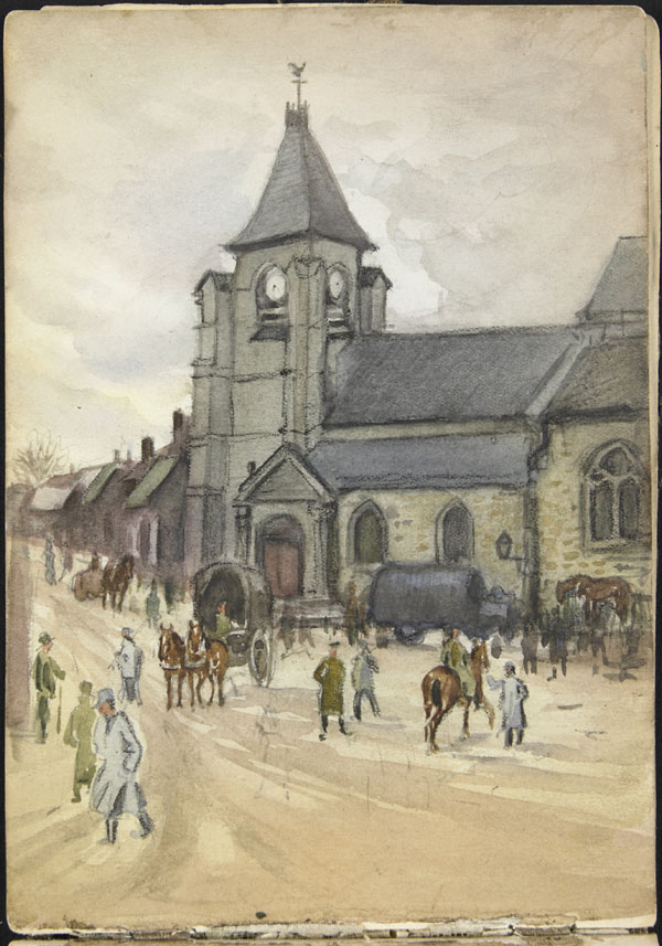 Bray-sur-Somme. Le jour suivant celui de ce dessin, le village a été frappé par un obus en provenance du Mont Saint-Quentin qui a fait plus de 100 victimes