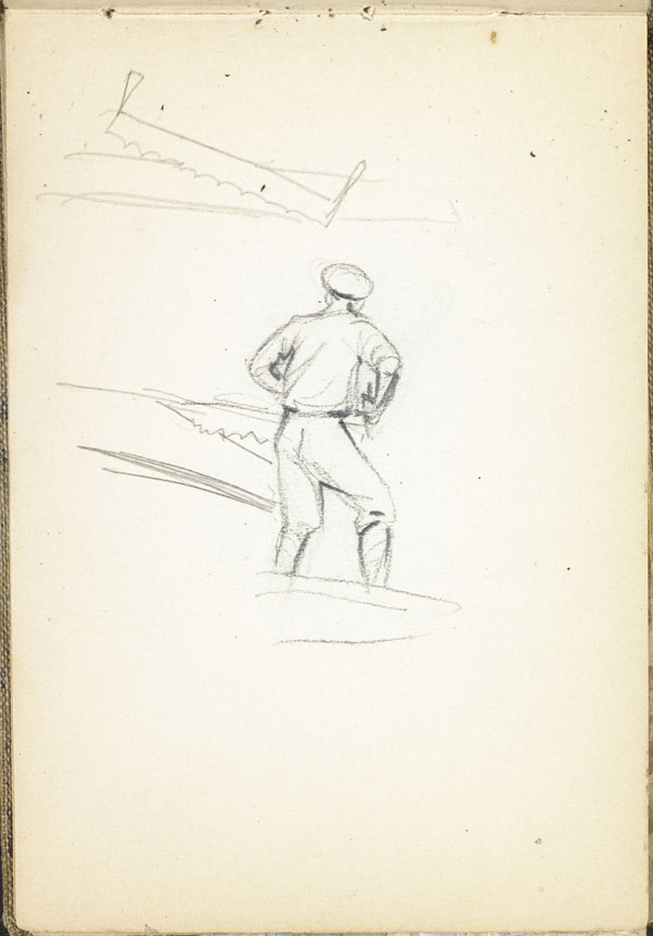 Homme sciant une poutre destinée au travail de renforcement du viaduc de Wimereux effectué par le 1er Bataillon des Troupes ferroviaires canadiennes