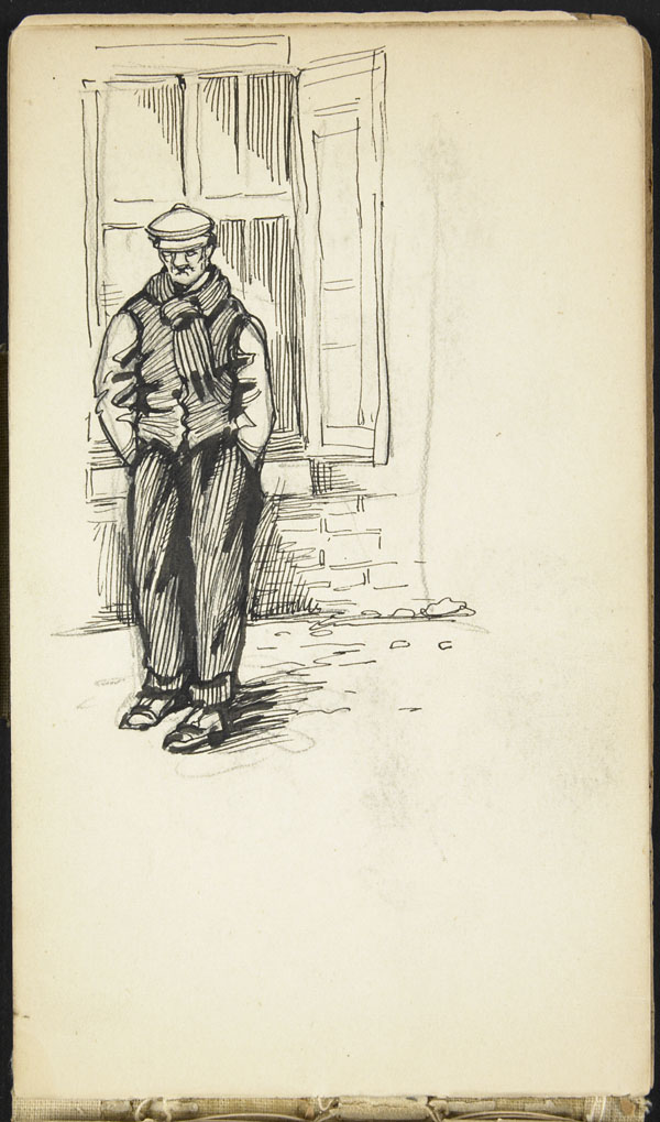 Homme vêtu d'une casquette et d'une écharpe, se tenant devant une maison, Belgique 