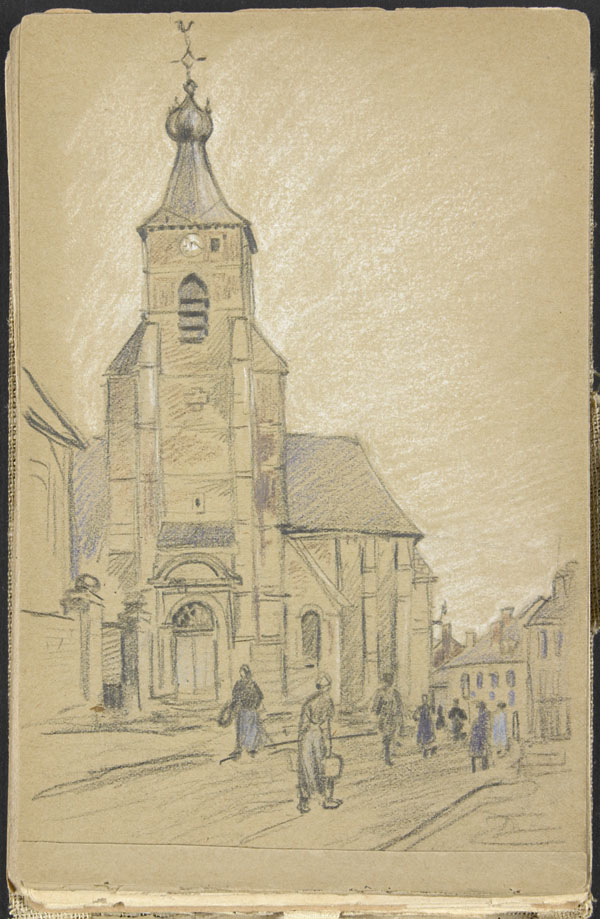 City view with passersby and a church