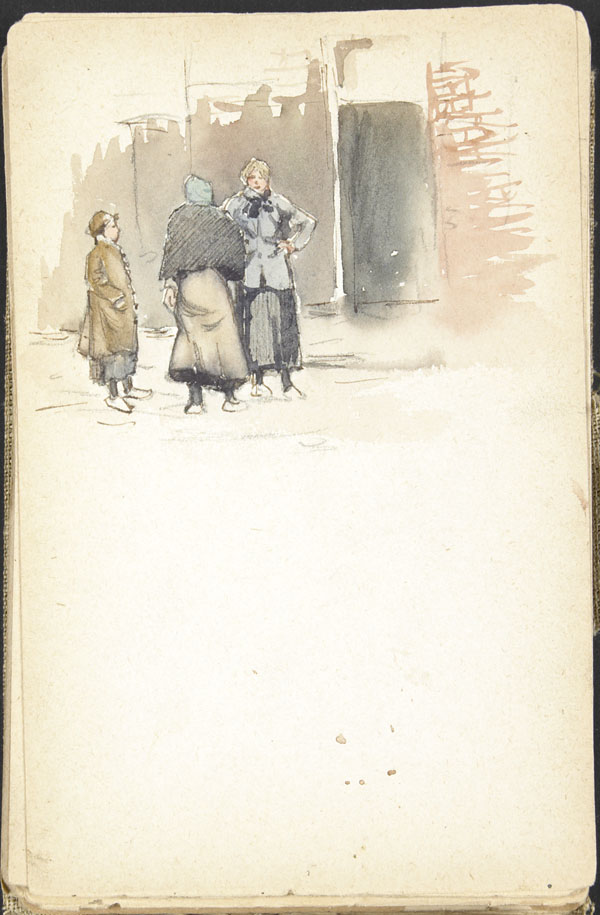 Trois femmes discutant devant l'embrassure d'une porte