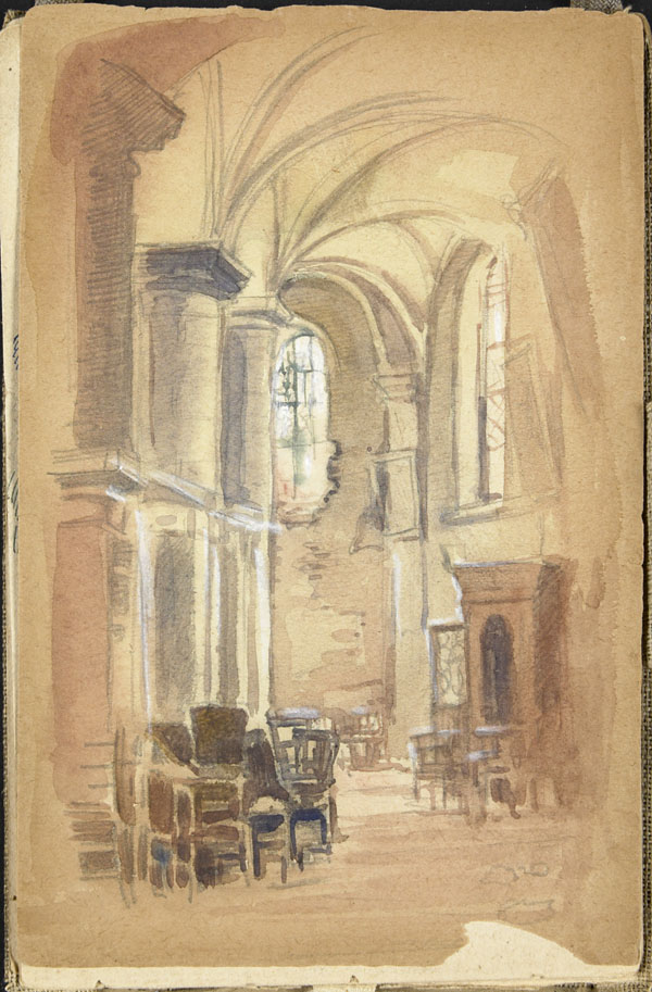 Interior view of a church with stacked chairs
