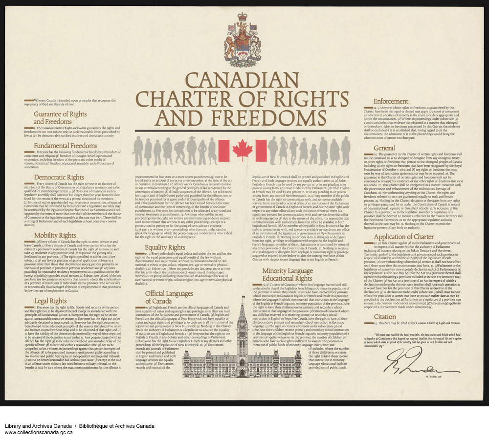 Affiche de la Charte canadienne des droits et libertés. Source : Fonds Robert Stacey (R11274-165-5-E)