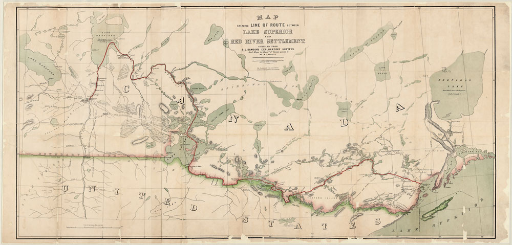 Carte beige traversée d’une ligne à l’encre rouge : la « route des voyageurs ». Les lacs et les cours d’eau sont en vert pâle.