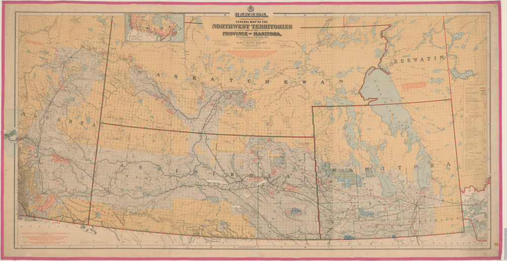 Carte couleur divisée en cinq parties : l’Alberta à gauche, la Saskatchewan au centre (au-dessus du district d’Assiniboia) et le Manitoba à droite (sous le district de Keewatin).