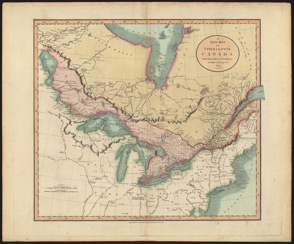Hand-coloured map in yellow, pink and blue of Upper and Lower Canada showing towns, rivers, administration units, and the boundary between Canada and the U.S. and between Canada and Rupert’s Land.