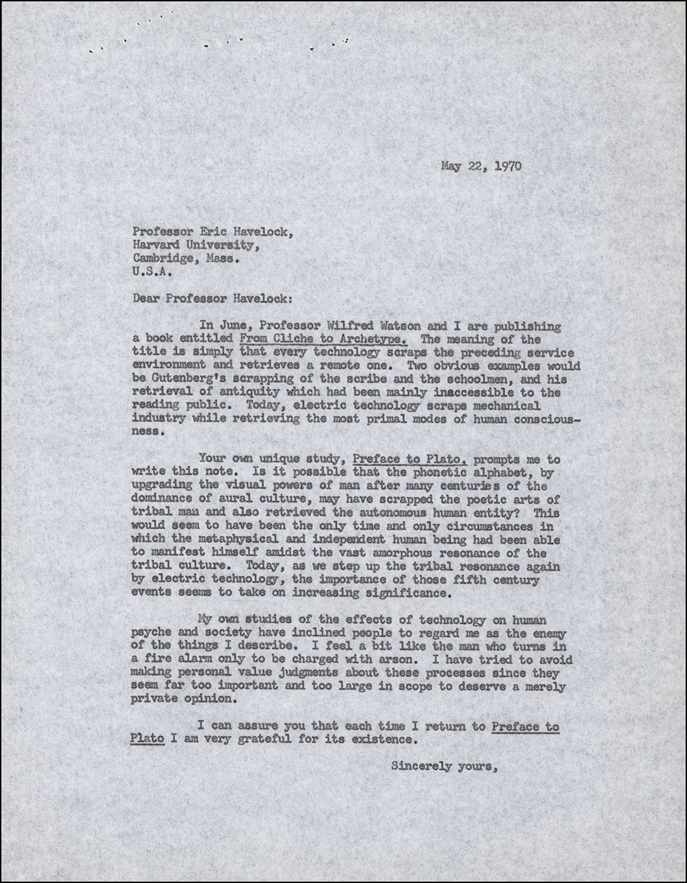 Letter dated May 22, 1970 to Eric Havelock